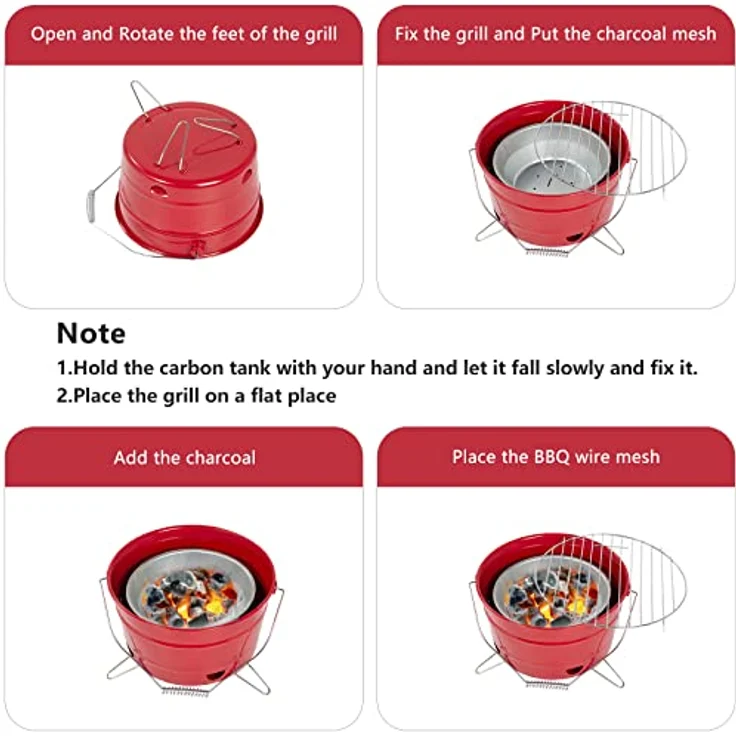 Uten Grill Tragbarer Grilleimer mit Griff, Leckeres BBQ, Picknickgrill mit Großer Grillfläche, Holzkohle, Durchmesser 27,5 cm, Geeignet für 1-4 Personen, Rot – Bild 3