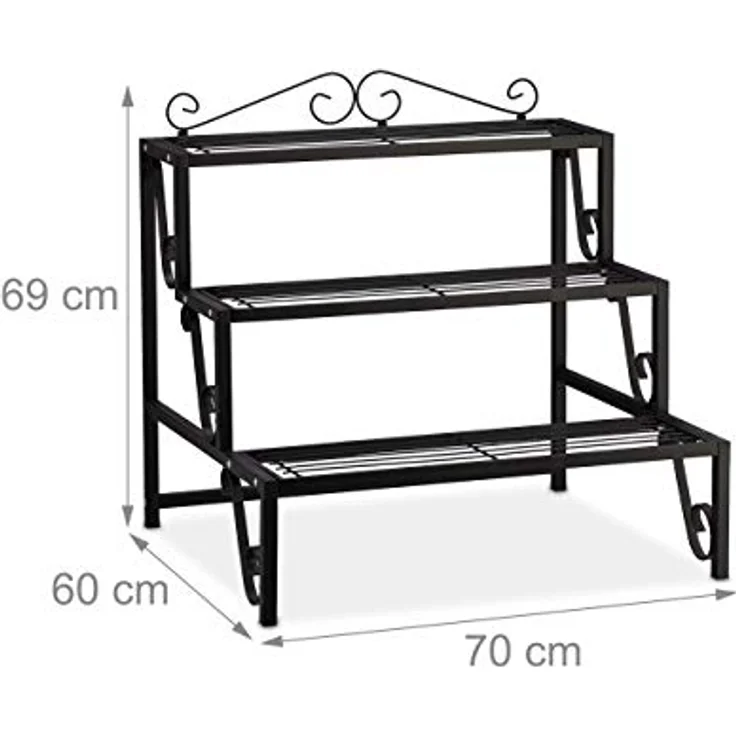 Relaxdays - Blumentreppe Metall, 3 Stufen, Outdoor und Indoor, Pflanzentreppe mit Verzierung, HBT 69 x 70 x 60 cm, schwarz – Bild 4