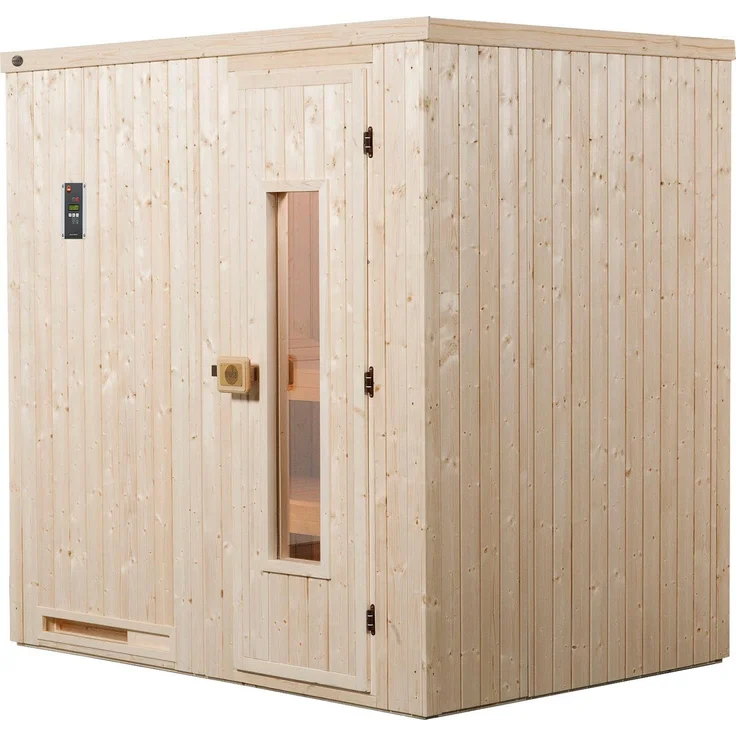 weka Sauna Halmstad, BxTxH: 194 x 144 x 199 cm, 68 mm, (Set) 7,5 kW Bio-Ofen mit digitaler Steuerung, naturbelassen