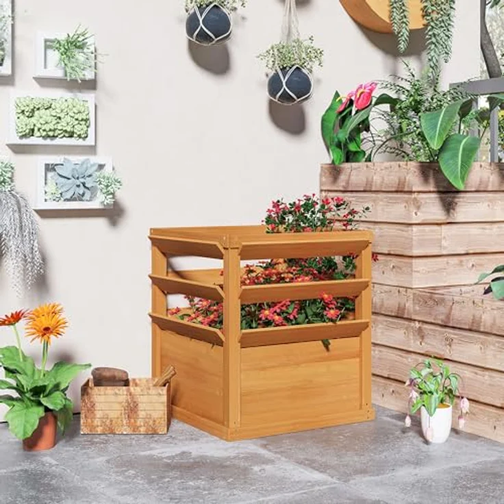 Outsunny Hochbeet mit Rankgitter, Tannenholz, offene Boden, 65 x 65 x 60 cm, Karamellbraun, für Garten und Balkon, ideal für Kletterpflanzen und Blumen – Bild 8