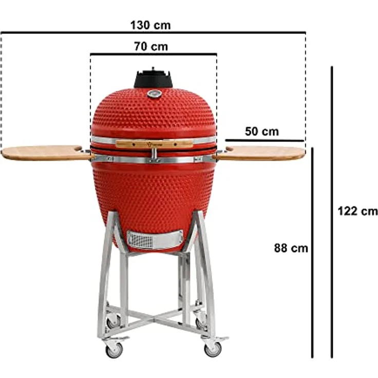 BBQ-Toro Kamado Grill | Holzkohlegrill Kuro Ø 52 cm mit Bambusablage, Thermometer, stabilem Holzgriff | Keramikgrill Kamadogrill Kugelgrill (Rot) – Bild 3