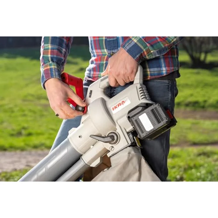 Ikra 3-in-1 Laubsauger + Laubbläser, Akku-Gerät mit 210 km/h Blasgeschwindigkeit, grau-rot, inkl. 45-Liter-Auffangbeutel und Schnellader – Bild 11