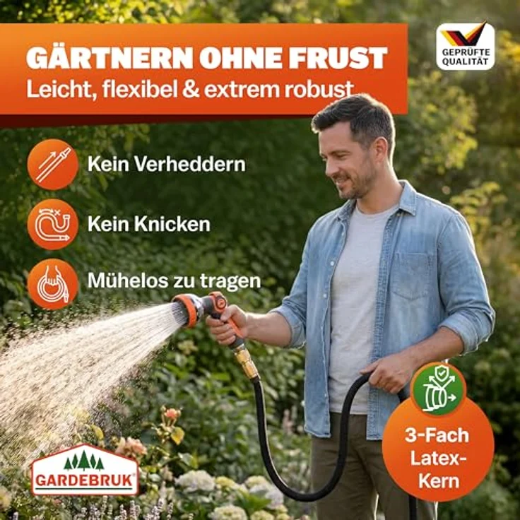 Gardebruk Gartenschlauch flexibel 3fach Latexkern Vollmessing Adapter outdoor Flexschlauch Wasserschlauch – Bild 3