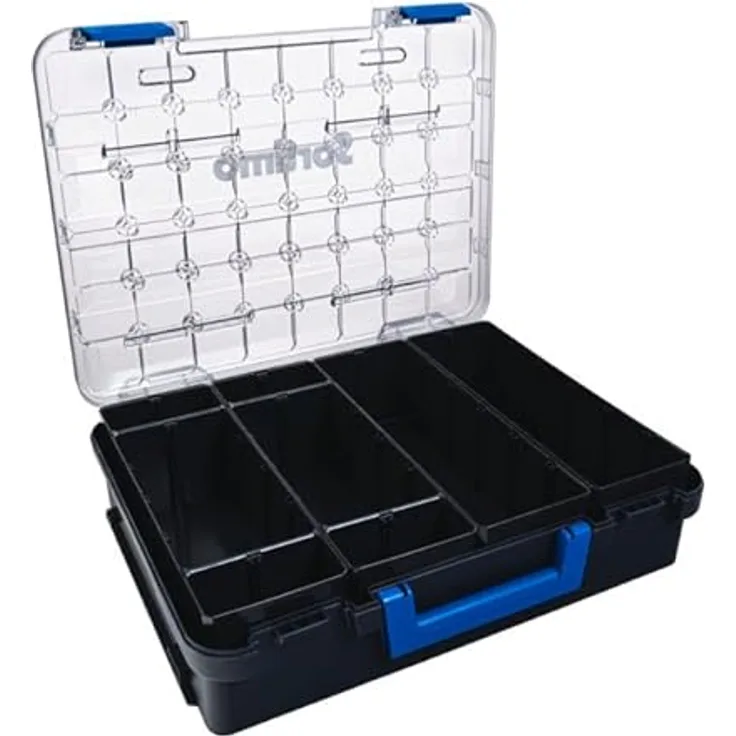 Sortimo T-BOXX 330, Aufbewahrungsbox mit 4 Insetboxen H95, transparenter Deckel und flexible Trennwände für lange Materialien
