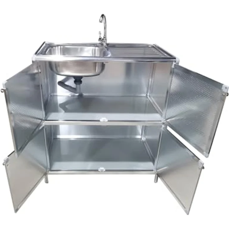 HTI-Living Outdoorspüle L Gerti, freistehender Spültisch aus Aluminium mit Edelstahlspüle und Armatur, perfekt für Restaurant und Camping, silber – Bild 5