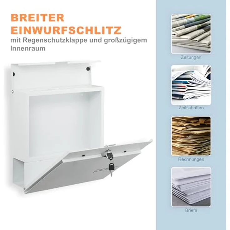 Relaxdays Briefkasten mit Zeitungsfach aus Metall, modern, 4 Schlüssel, weiß, HxBxT: ca. 38 x 37 x 12 cm – Bild 6