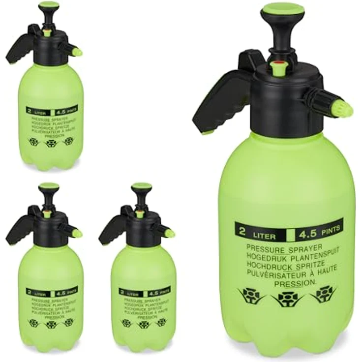relaxdays Drucksprühgerät 4er Set, 2 Liter Pumpspröcher in Grün mit verstellbarer Düse und Sicherheitsventil – Bild 1