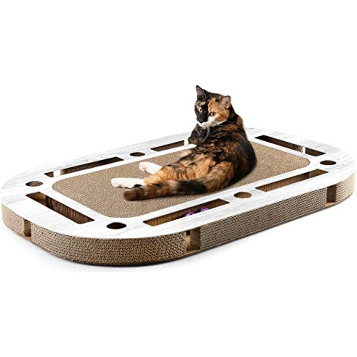 CanadianCat Company | XXL Katzenspielplatz 85 x 54 x 5,8 cm mit integrierter Kratzpappe Katzenspielzeug Kratzbrett in hellgrau gekalkter Holzoptik Kratzkarton – Bild 1