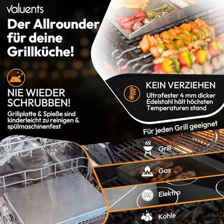 valuents® Grillplatte - Plancha Grill Platte, rostfreier Edelstahl 40 x 30 cm, für BBQ Gasgrill & Kohlegrill geeignet, inklusive Reinigungsbürste & Grillspachtel – Bild 4