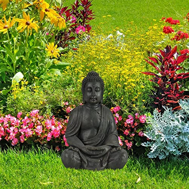 Buddha Figur sitzend, XL 70 cm, Gartenfigur, Dekofigur Wohnzimmer, wetterfest & frostsicher, dunkelgrau – Bild 4