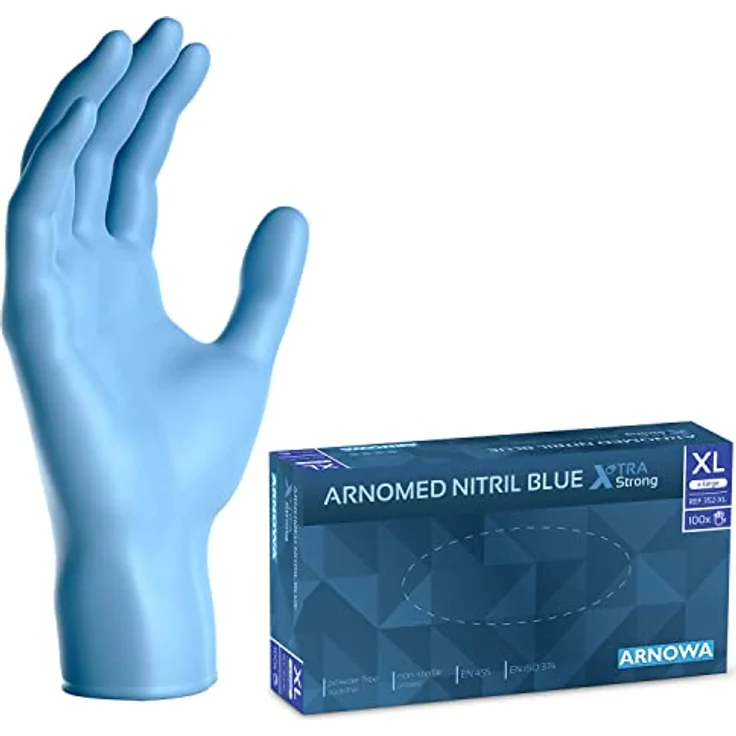 ARNOMED Nitrilhandschuhe Blau Extra Stark, Einmalhandschuhe XL, 50% dicker, 100 Stk./Box, puderfrei, latexfrei, reißfest, für Lebensmittel geeignet – Bild 1