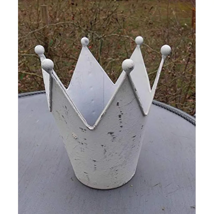 Deko-Krone Windlicht Gartendeko Pflanztopf Eisen Weiss-Antik 18 cm