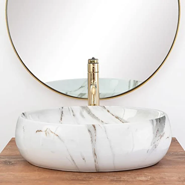 REA Waschbecken Waschtisch Aufsatzwaschbecken Keramik Handwaschbecken Aufsatz Waschschale Oval Elfenbein Stein Marmor ​33x48 Badezimmer Armatur Wasserhahn Bad Armaturen Nano-Beschichtun – Bild 3