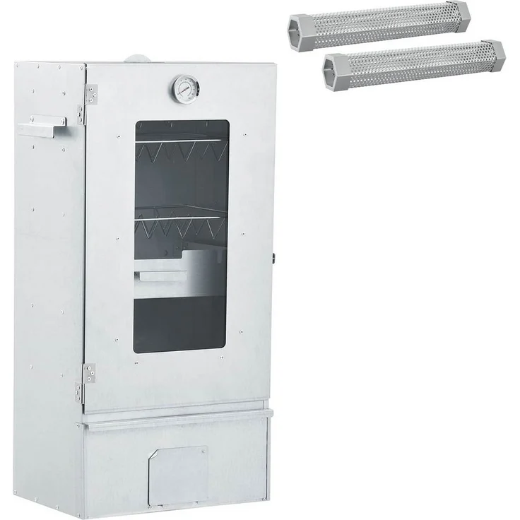 vidaXL Smoker Cold Smoker aus verzinktem Stahl, 44,5 x 29 x 83 cm mit Edelstahl-Räucherrohr und integriertem Thermometer, silber