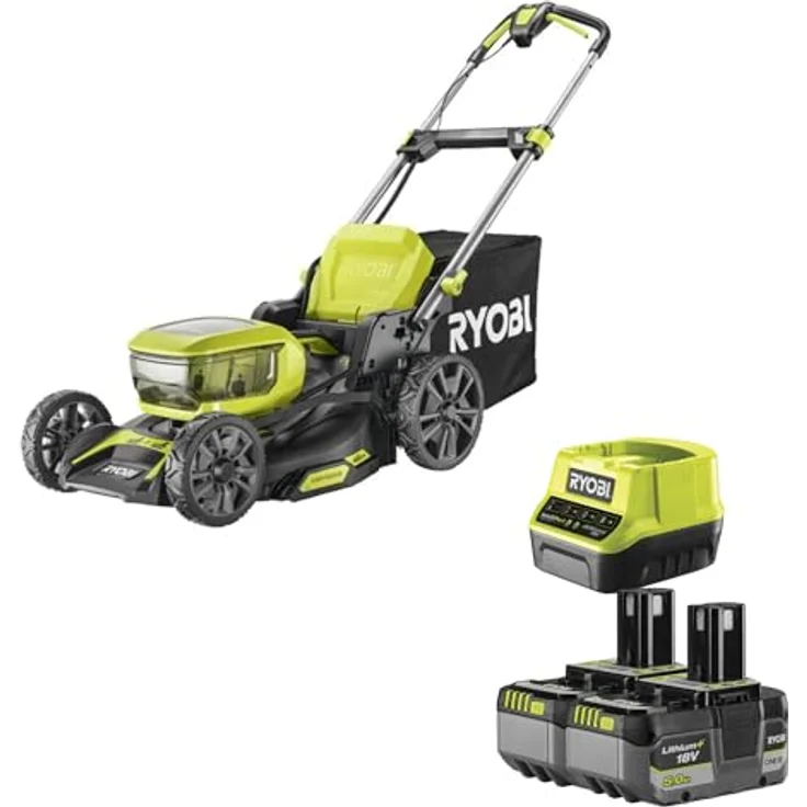Ryobi ONE+ Akku-Rasenmäher RY18LMX46A-250, 46 cm Schnittbreite, 2x 18 V 5 Ah Akkus, bürstenloser Motor, 7-stufige Schnitthöhenverstellung – Bild 1