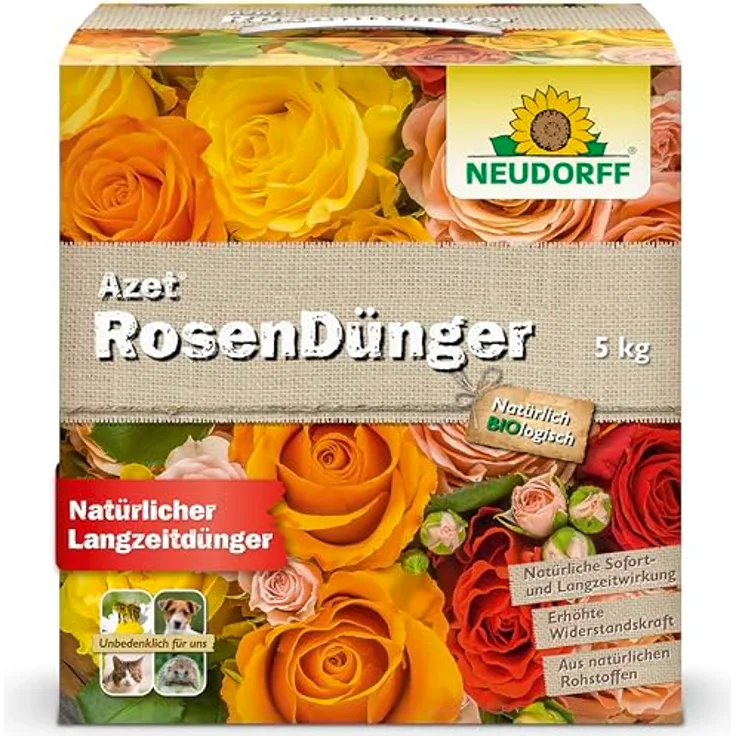 Neudorff Azet RosenDünger, Bio Rosendünger mit 100 Tagen Langzeitwirkung, fördert kräftigen Wuchs und schöne Blüten, 5 kg, Braun