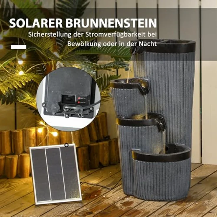 Outsunny Gartenbrunnen, Solar Springbrunnen mit LED-Beleuchtung, 4 stufiger Zierbrunnen mit Blumenkasten, Kunstharz, 33 x 30 x 57,5 cm – Bild 4