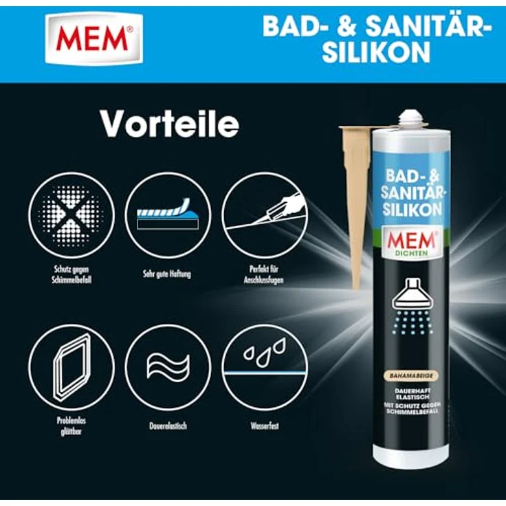 MEM Bad- & Sanitär-Silikon, Dauerhaft elastischer Dichtstoff mit Schimmel-Schutz, Gebrauchsfertig, Lösemittelfrei, 300 ml, Bahamabeige – Bild 3