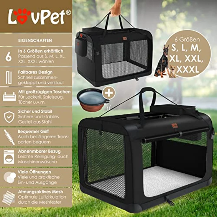 Lovpet® Hundebox Hundetransportbox faltbar Inkl.Hundenapf XXL 91,4x63,5x63,5cm Transporttasche Hundetasche Transportbox für Haustiere, Hunde und Katzen Haustiertransportbox Schwarz – Bild 2