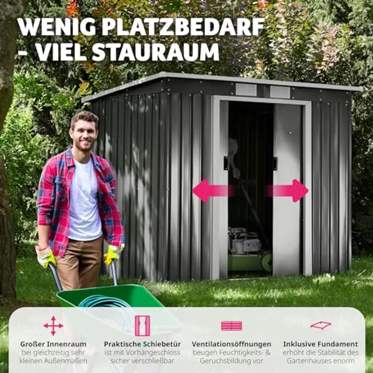 tectake® Metall Gartenhaus mit Schrägdach, Geräteschuppen Garten, 4 m³ Lagerfläche - grau/weiß, Schiebetür und Metallfundament – Bild 3