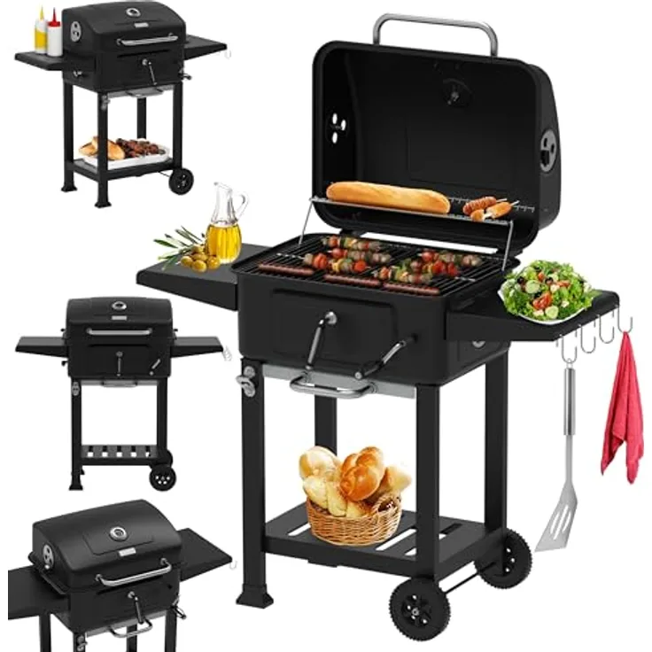 Zilan Holzkohlegrill XXL, Standgrill mit Deckel, höhenverstellbarer Kohlewanne, Thermometer, 54x42,5 cm Grillfläche, Schwarz/Chrom, inkl. Aschebehälter und Ablageflächen