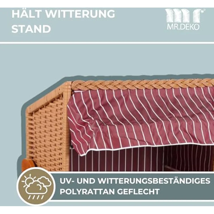 MR. DEKO® Hundestrandkorb Wacholder PE Beige, mit rot gestreiftem Dach, inklusive schwenkbarem Edelstahl-Futternapf und Wassernapf, UV-beständig und wetterfest, für Hunde und Katzen – Bild 4