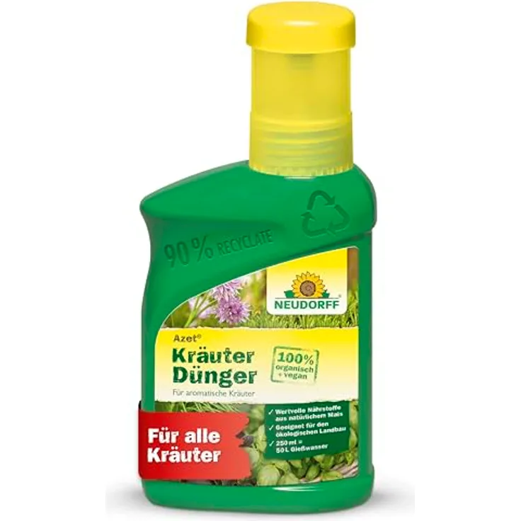 Neudorff Azet Kräuterdünger Bio, 250ml für 50L Gießwasser, 100 % organisch und vegan, mit Dosierbecher für schnelles Wachstum aromatischer Kräuter