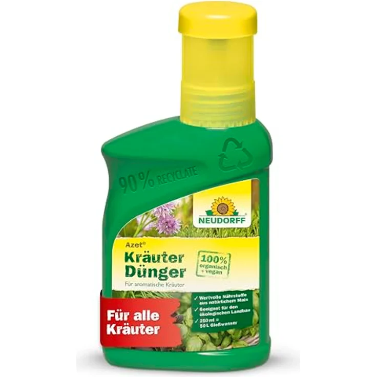 Neudorff Azet Kräuterdünger Bio, 250ml für 50L Gießwasser, 100 % organisch und vegan, mit Dosierbecher für schnelles Wachstum aromatischer Kräuter – Bild 1