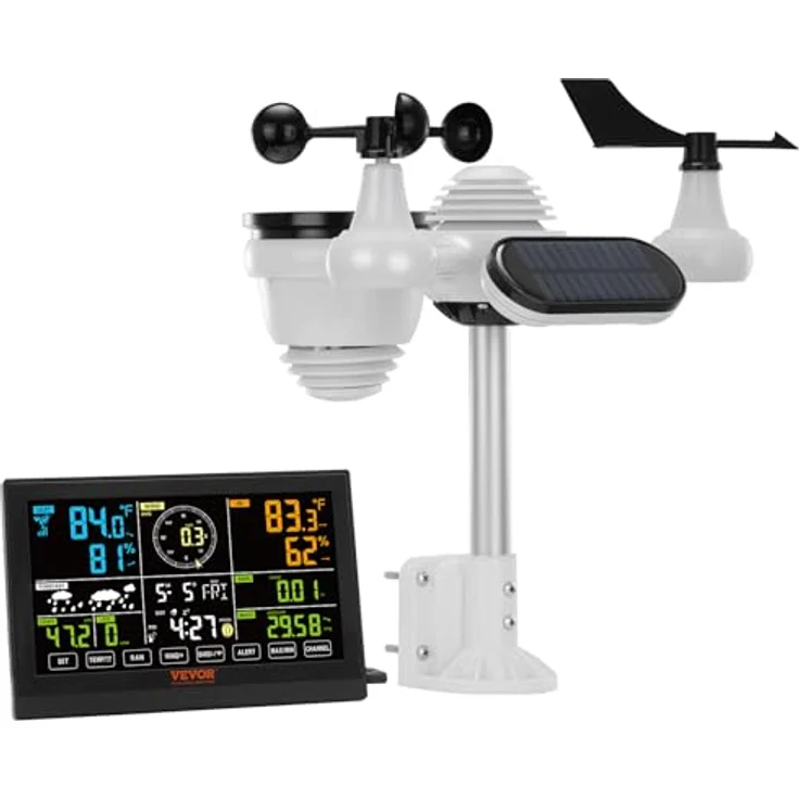VEVOR 7-in-1 Wetterstation Funkwetterstation mit 7,5" Farbdisplay, Außensensor, RCC-Atomuhr, Messung von Windrichtung, Windgeschwindigkeit, Luftdruck, Temperatur und -feuchtigkeit, Mondphase, IPX6 wasserdicht – Bild 1