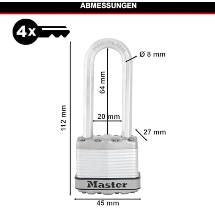 MASTER LOCK Hochsicherheits Vorhängeschloss [Schloss mit Schlüssel] [Laminiertem Stahl] [Wetterfest] [XL Bügel] M1EURDLJ - Ideal für Lagerräume, Lagerschuppen, Garagen, Zäune – Bild 4
