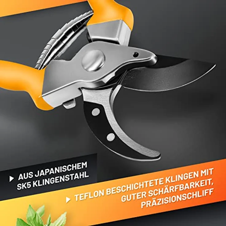 GRÜNTEK SPECHT Garten-Schere, Bypass-Rebschere mit SK5 Stahl-Klinge, Antihaftbeschichtung, ergonomischem, rutschfestem Griff, 215mm, für Rosen, Blumen, Obst & Zweige – Bild 2