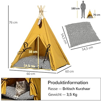 Haustier-Tipi-Zelt Mit Dickem Kissen – Für Hunde/Katzen Bis 7 Kg, 69,5 Cm Hoch, Baumwolle