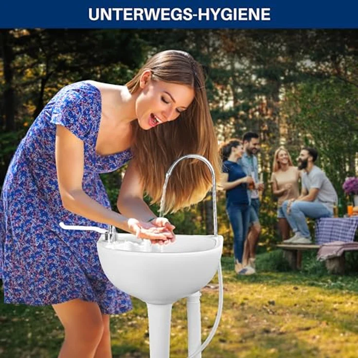 SereneLife Mobiles Camping Waschbecken - Tragbar mit 17L Wassertank & 24L Abwassertank, Fußpumpe, Handtuchhalter, Edelstahl-Wasserhahn, 3L Seifenspender, Räder - für Garten - Hochdichtes Polyethylen – Bild 2