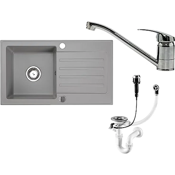 Faizee Möbel Granitspüle 76x44 Küchenspüle Eckig Spülbecken f. Unterschränke ab 45 cm inkl.Siphon Set (Grau, Armatur Klein Chrom) – Bild 1