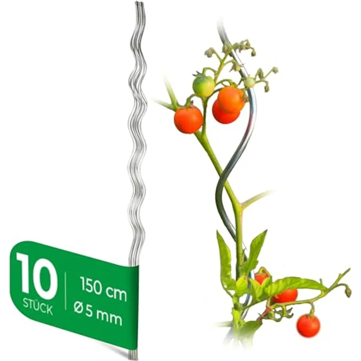 Novatool Tomatenspiralstäbe, 10 Stück, verzinkte Rankhilfe für Kletterpflanzen, 150 cm x 5 mm Ø, wetterfest und korrosionsbeständig – Bild 1