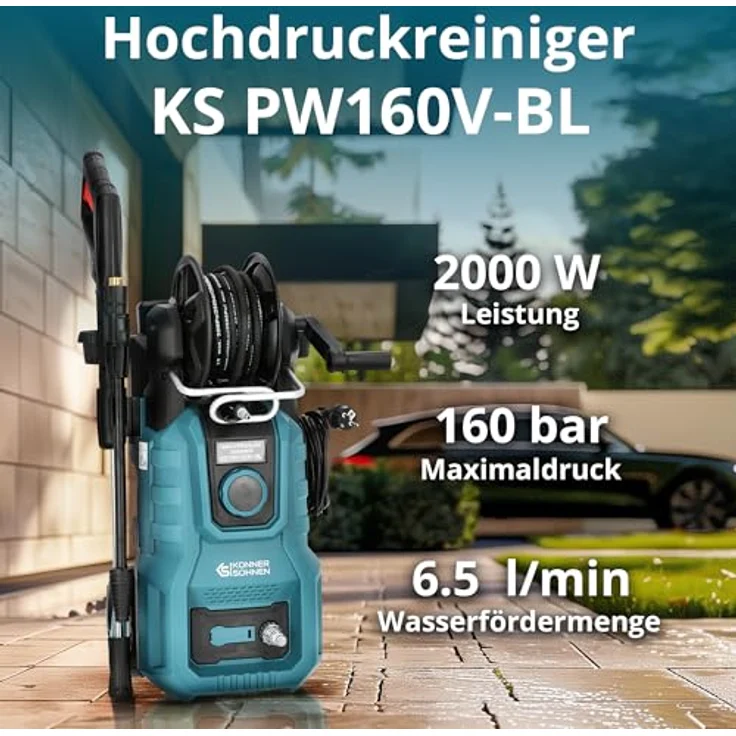 Könner & Söhnen Hochdruckreiniger KS PW160V-BL, 160 bar max, 390 l/h, bürstenloser Induktionsmotor, Metalllanze, 8 m Hochdruckschlauch – Bild 2