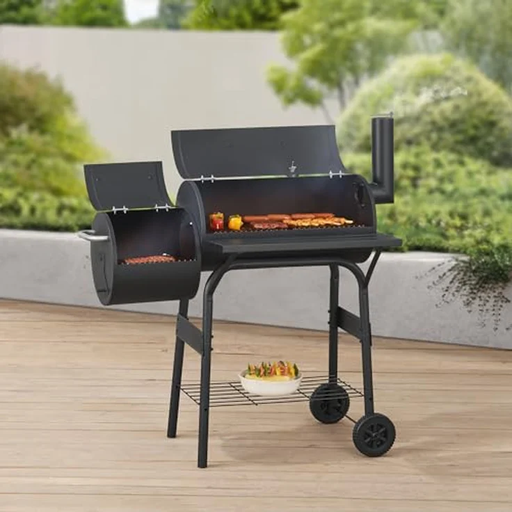 casa.pro Smoker Grillwagen Arielli Holzkohlegrill mit Deckel BBQ Kohlegrill mit Feuerbox 2 Räder Deckelthermometer Schornstein 115x110x64cm Schwarz – Bild 1