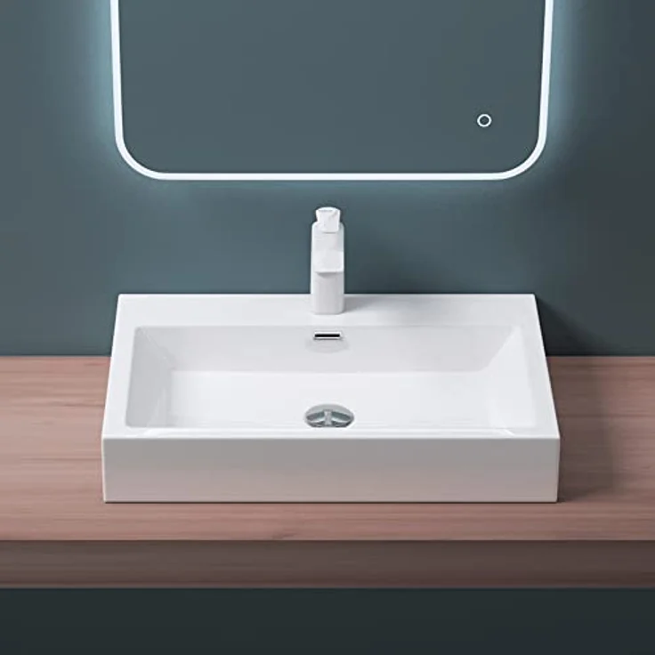 Mai & Mai Breite: 60cm Waschbecken Aufsatz-Waschschale Hänge-Becken Mineralguss in weiß 1 Armaturenloch Bad Eckig Col06 – Bild 2