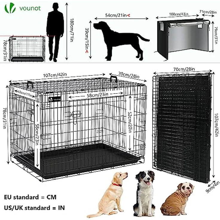VOUNOT Hundekäfig Klappbar mit Abdeckung, Hundebox Auto Hundetransportkäfig mit Doppeltüren, 2 Transportgriffen & Bodenschale, XL 107 x 70 x 78 cm, Schwarz – Bild 4