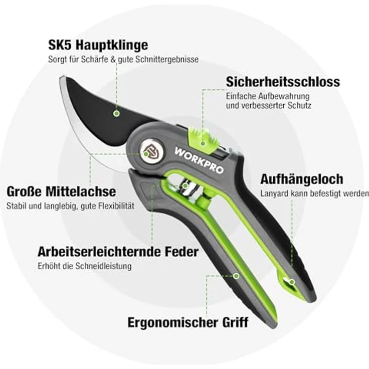 WORKPRO Gartenschere Set 2-tlg, Bypass Astschere 210mm & Ernteschere 160mm für Blumen & Früchte, SK5 Stahl, ergonomisches Design, Sicherheitsverschluss – Bild 2