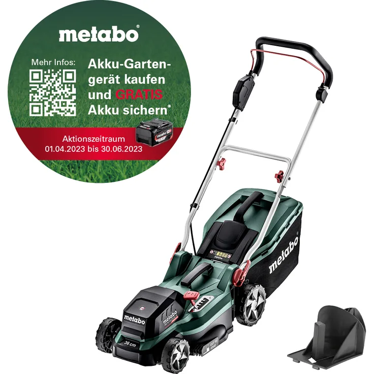 Metabo Akku Rasenmäher RM 36-18 LTX BL 36 (2x 18 Volt Li-Ion für Grundstücken bis 350 m², Schnittbreite: 36 cm, Mulchfunktion, bürstenloser Motor) ohne Akku und Ladegerät, im Karton
