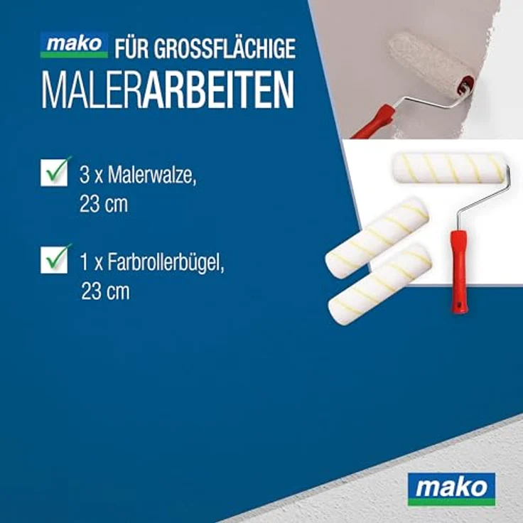mako Farbroller EASYPAINT Premium, 4-teiliges Set mit 3 Goldfaden-Malerwalzen (23 cm), antitropf und nahezu fusselfrei, ergonomischer Rollerbügel, kompatibel mit mako EASYREACH Teleskoproller – Bild 3