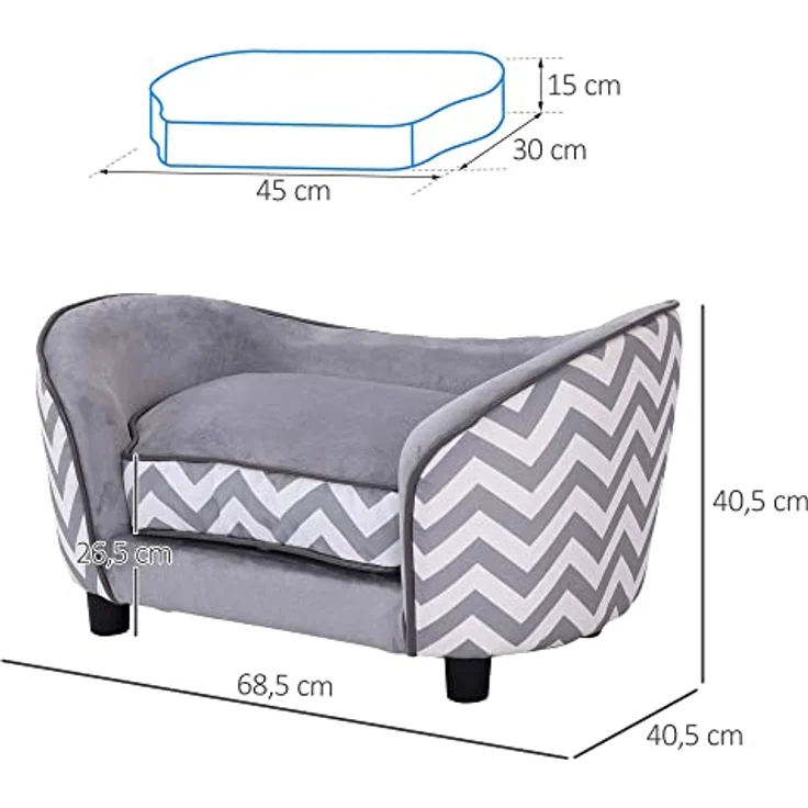 Pawhut Haustiersofa Hundecouch Hundesofa Hundebett Hundematte Katze Kissen gepolstert Holz Schaumstoff Grau 68,5 x 40,5 x 40,5 cm – Bild 3