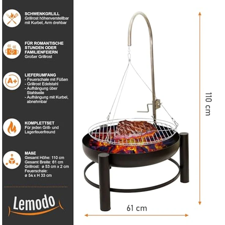 Feuerschale mit Holzkohlegrillrost, Schwenkgrill, 55 cm – Bild 4
