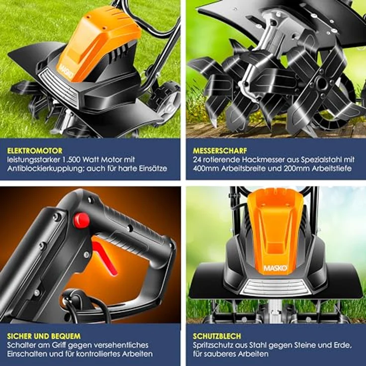 MASKO elektrische Motorhacke 1500 Watt, 20cm Arbeitstiefe, klappbarer Handgriff, Metallgehäuse, Transporträder Orange - 45cm Arbeitsbreite – Bild 3