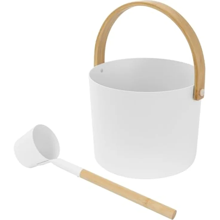 LuxeBath Saunazubehör-Set 2-TLG, Aufgusskübel aus Aluminium & Bambus, Weiß, 6L mit klappbarem Griff & Schöpfkelle, langlebiges Sauna Zubehör