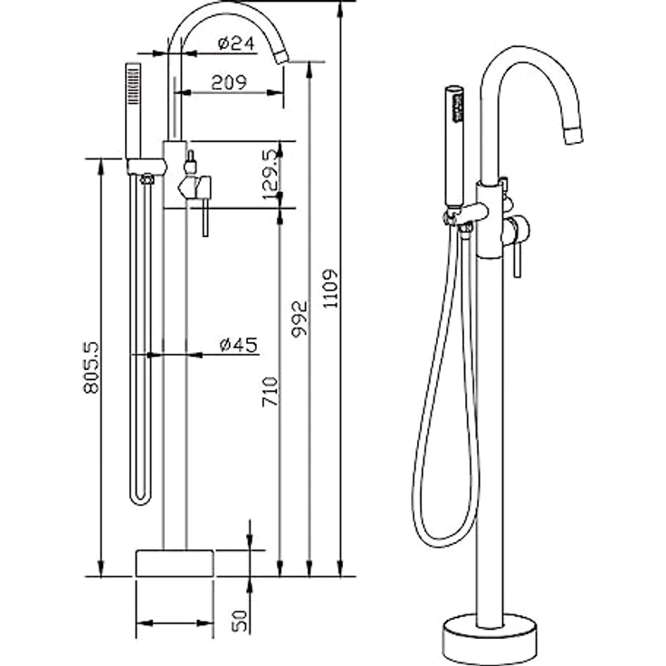 Aloni Standarmatur CR6057-2BG, freistehende Badewannenarmatur aus Messing, gold gebürstet, mit 360° drehbarem Auslauf und Handbrause, 1,5 m Schlauch – Bild 2