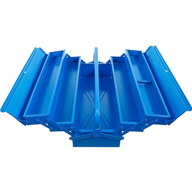 BGS TECHNIC Metall-Werkzeugkasten leer, 5 Fächer, 530 x 200 x 200 mm, hammerschlagblau, Stahlblech mit automatischer Schließfunktion und klappbarem Tragebügel