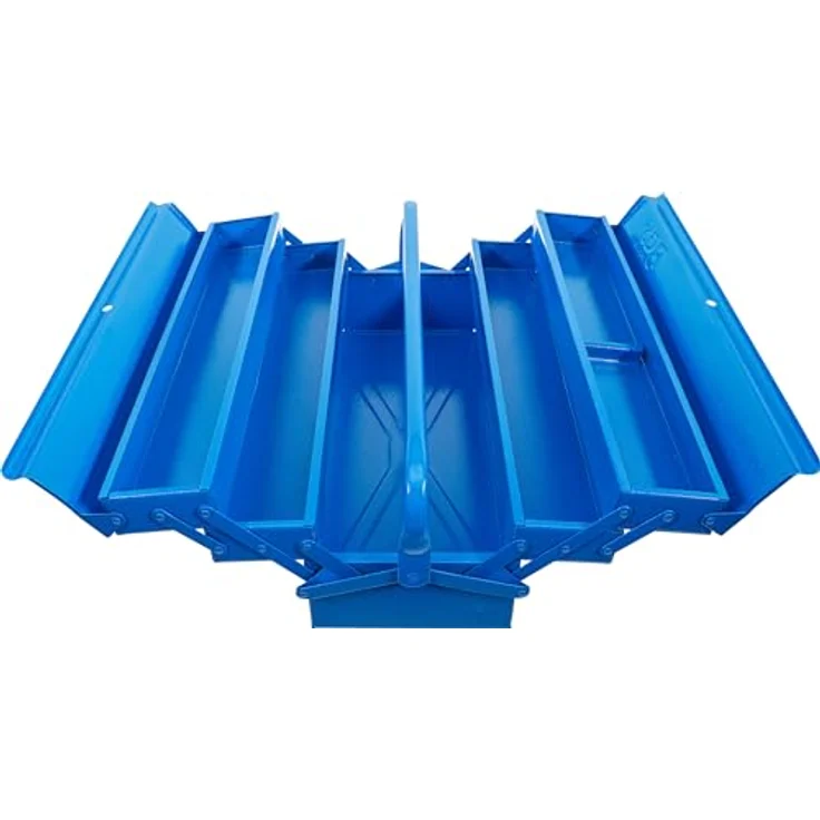 BGS TECHNIC Metall-Werkzeugkasten leer, 5 Fächer, 530 x 200 x 200 mm, hammerschlagblau, Stahlblech mit automatischer Schließfunktion und klappbarem Tragebügel – Bild 1