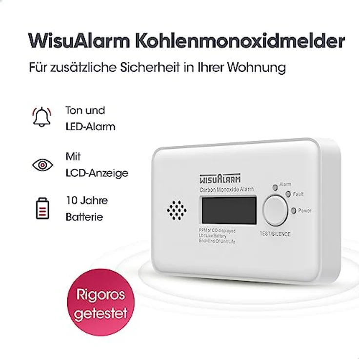 WISUALARM Kohlenmonoxid Melder, 10 Jahre CO Messgerät mit LCD Display, Test/Silence Taste, TÜV Zertifiziert nach EN 50291, hoher Alarmton über 85 dB – Bild 2